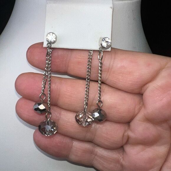 Silver and Crystal Beaded Front and Back Double Dangle Earrings - Picture 3 of 6